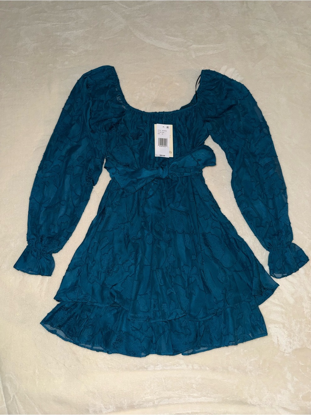 Teal Long-Sleeve Mini Dress with Square Neck and Ruffle Skirt